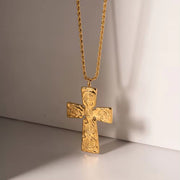 Jewelry 18K PVD Gold Plated Texture Lava Crossed Necklace Chunky Cross Pendant Necklace for Women