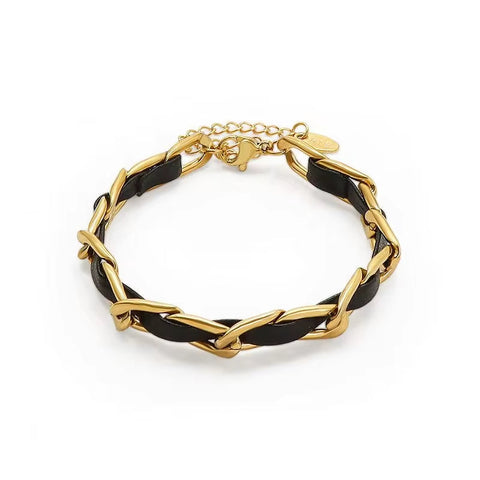 Stainless Steel Jewelry Personality Leather Rope Chain Bracelet Women Steel 18K Gold Bracelet