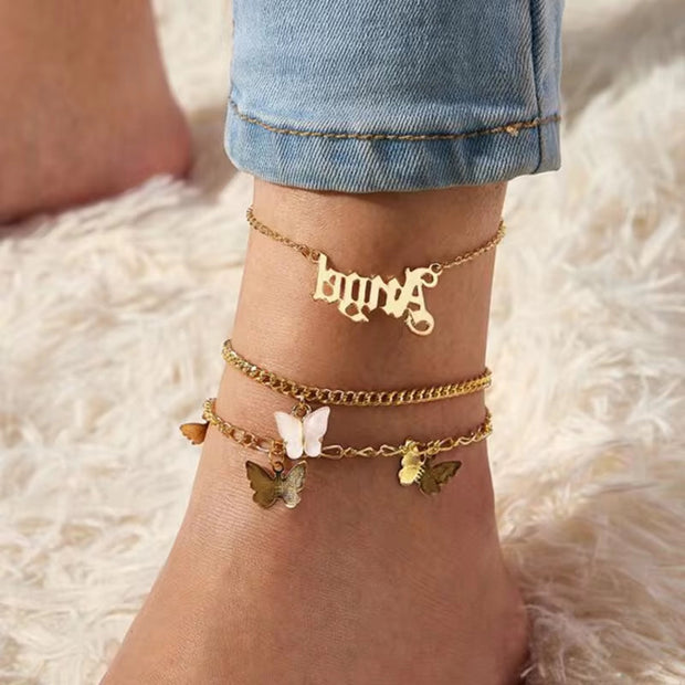 3PCS Set Cuban Link Butterfly Charm Anklet Set Women Chains Foot Jewelry Designer Angle Letter Ankle