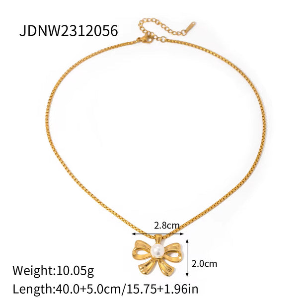 New Trend Bow Design Series Rings Gold Jewelry Stainless Steel Bow Pendant Necklace Earrings Sets