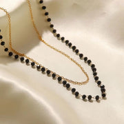 Bohemia Stainless Steel Black Beads Glass Stone Double Layer Bead Chain Necklace for Women