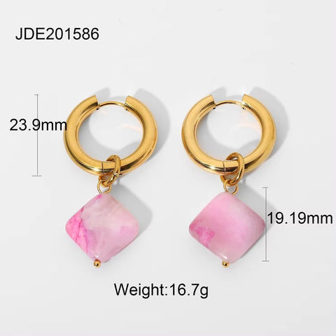 18K Gold Double Plated Pink Rhombus Natural Stone Pendant Stainless Steel Huggie Earrings for Women