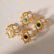 18K Gold Plated Stainless Steel Design Finger Natural Turquoise Malachite Tiger Eyes Stone Evil Eyes Rings