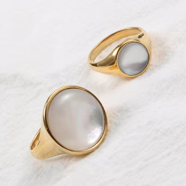 Waterproof 18K Gold Plated Oval Abalone Shell Rings Stainless Steel Jewelry Dainty round Natural Shell Rings