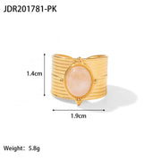 PVD 18K Gold Plated Stainless Steel Natural Rose Quartz Wide Opening Adjustable Rings Vintage Style