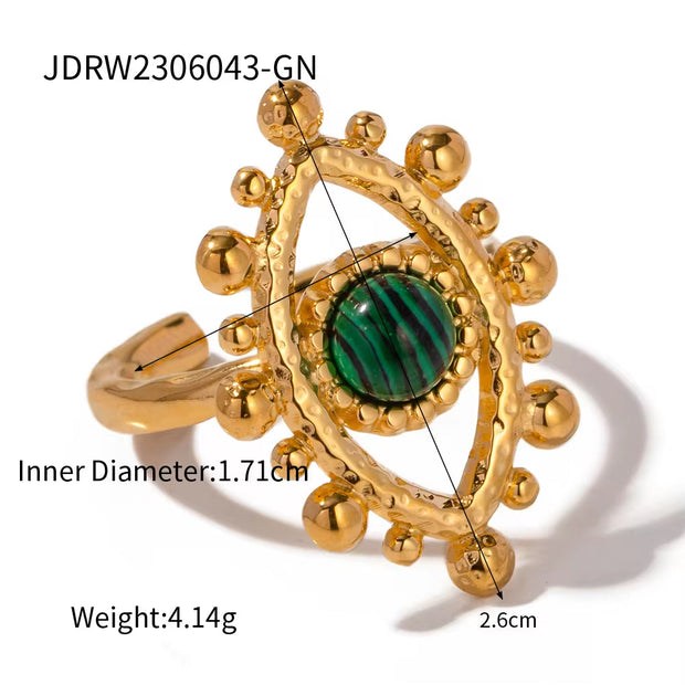 18K Gold Plated Stainless Steel Design Finger Natural Turquoise Malachite Tiger Eyes Stone Evil Eyes Rings