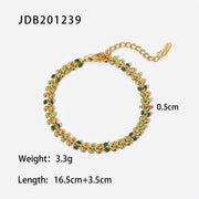 18K Gold Fresh Green Oil Dripping Olive Leaf Bracelet Stainless Steel Enamel Charm Bracelet Jewelry for Women