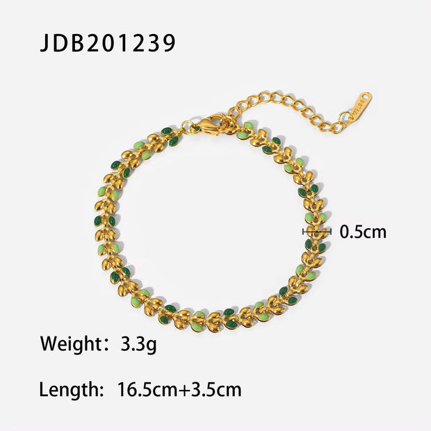 18K Gold Fresh Green Oil Dripping Olive Leaf Bracelet Stainless Steel Enamel Charm Bracelet Jewelry for Women