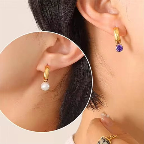 18K Gold Plated Stylish Charm Aretes Jewelry Stainless Steel Geometric Drop Pearl Zircon Studs Earrings Orecchino