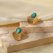 Vintage Stainless Steel 18K Gold Plated Turquoise Inlaid Rib Fan-Shaped Statement Earrings for Women