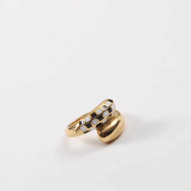 Wholesale 18K Gold Plated Black White Plaid Binding Stainless Steel Rings for Women