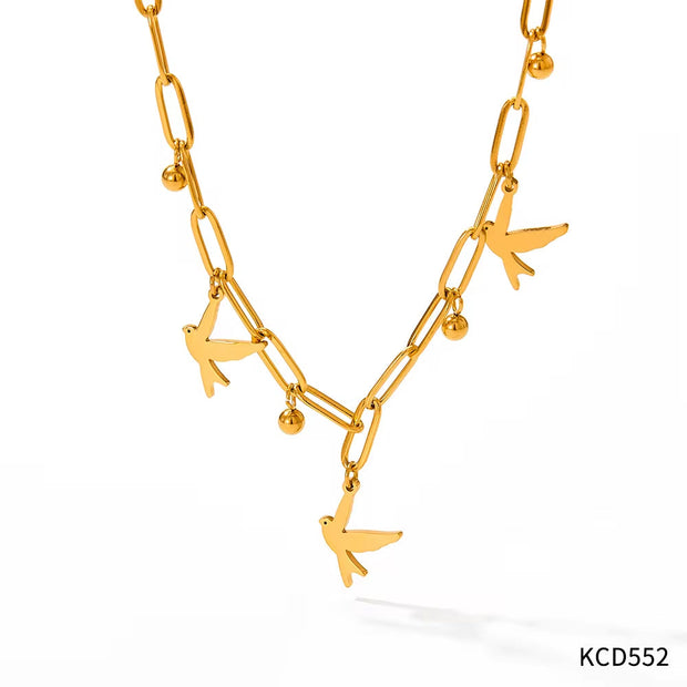 2024 Women Gold Plated Paper Clip Chain Bracelet Swallow Bird Pendant Necklace Jewelry Set