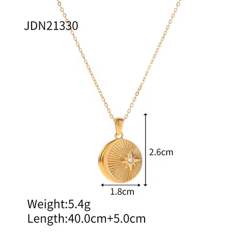 Waterproof Zircon Texture Necklace Stainless Steel Green Zircon round Eye Sunburst Medallion Necklaces