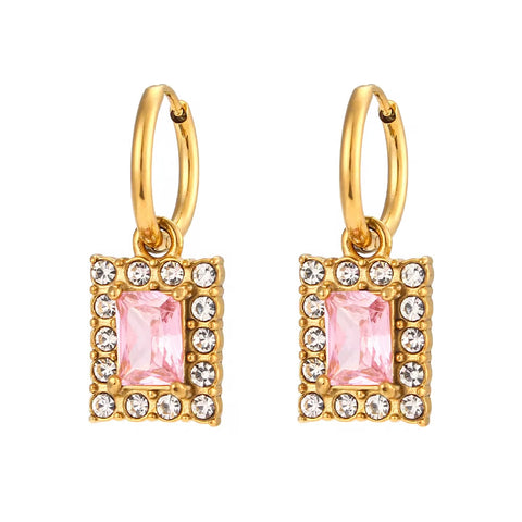 Custom Jewelry Tarnish Free Shining Summer Jewelry Square Zircon Drop Earring Stainless Steel Gold Plated Jewelry