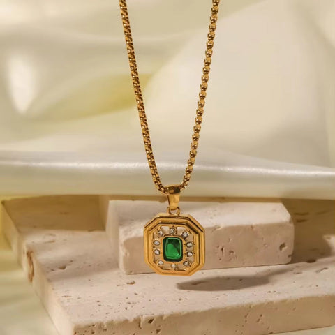 Vintage Jewelry 18K Gold Plated Box Chain Stainless Steel Hollow Green Zircon Pendant Necklace