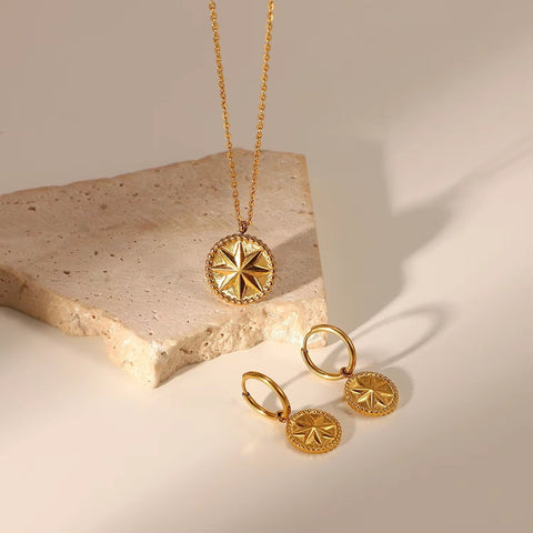 18K Gold Plated Stainless Steel Set Eight Pointed Star Earrings Coin Pendant Necklace