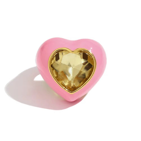 Chunky Colorful Enamel Y2K Heart Jewelry Shining Zircon Rings Set Gold Plated Stainless Steel Jewelry