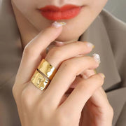 Finger Jewelry 18K Gold Plated Stainless Steel Double Layer Wide Open Ring for Women