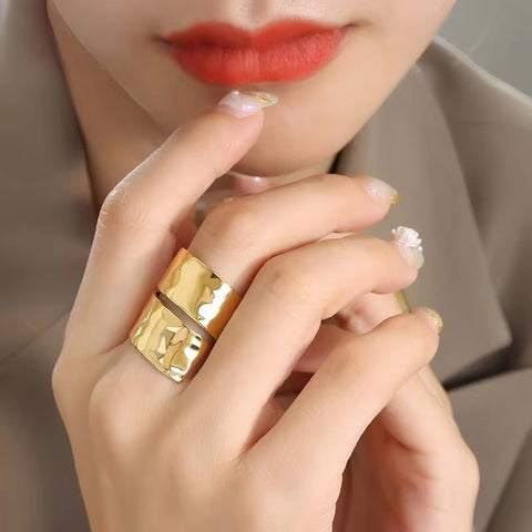 Finger Jewelry 18K Gold Plated Stainless Steel Double Layer Wide Open Ring for Women