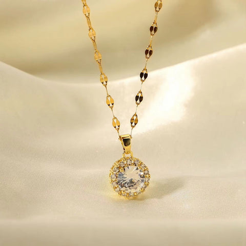 18K Real Gold Plated Waterproof Jewelry Stainless Steel White Circle Cubic Zircon Pendant Necklace for Women