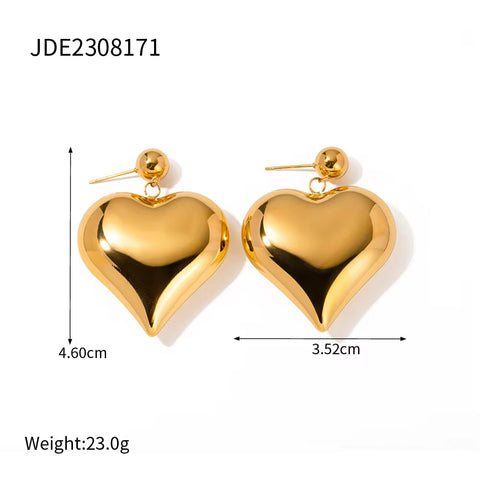 Waterproof Heart Pendant Earring 18K Gold Plated PVD Stainless Steel Smooth Chunky Love Drop Earring