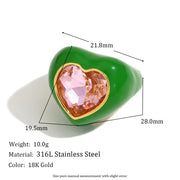 Chunky Colorful Enamel Y2K Heart Jewelry Shining Zircon Rings Set Gold Plated Stainless Steel Jewelry