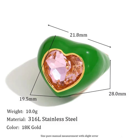 Chunky Colorful Enamel Y2K Heart Jewelry Shining Zircon Rings Set Gold Plated Stainless Steel Jewelry