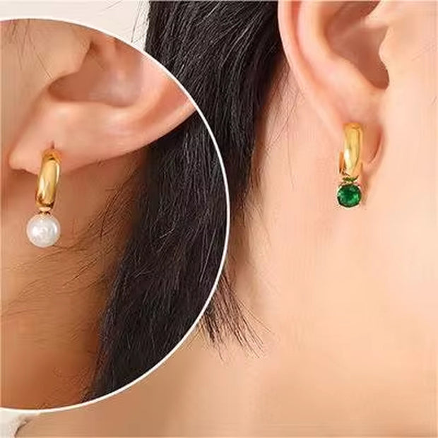 18K Gold Plated Stylish Charm Aretes Jewelry Stainless Steel Geometric Drop Pearl Zircon Studs Earrings Orecchino