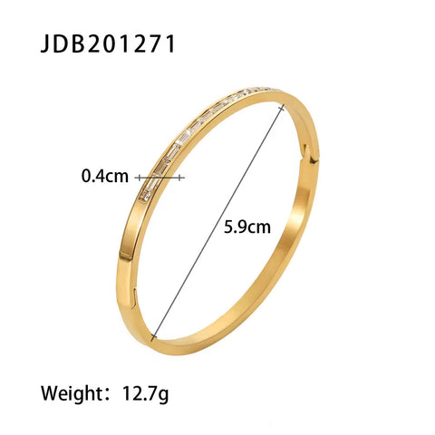 Waterproof Simple Stainless Steel Oval Cubic Zircon Gold Open Cuff Bracelet Bangle for Girls