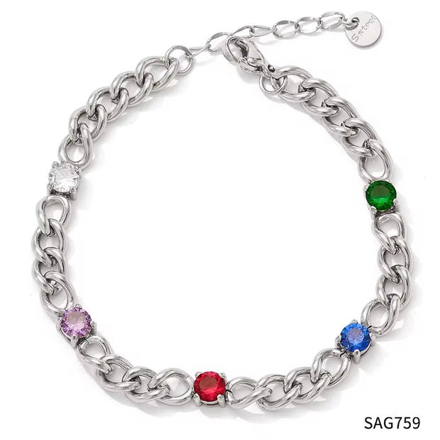 Exquisite Cubic Zirconia Stainless Steel Rainbow Cz Necklace Bracelet for Women Waterproof Fashion Jewelry Set