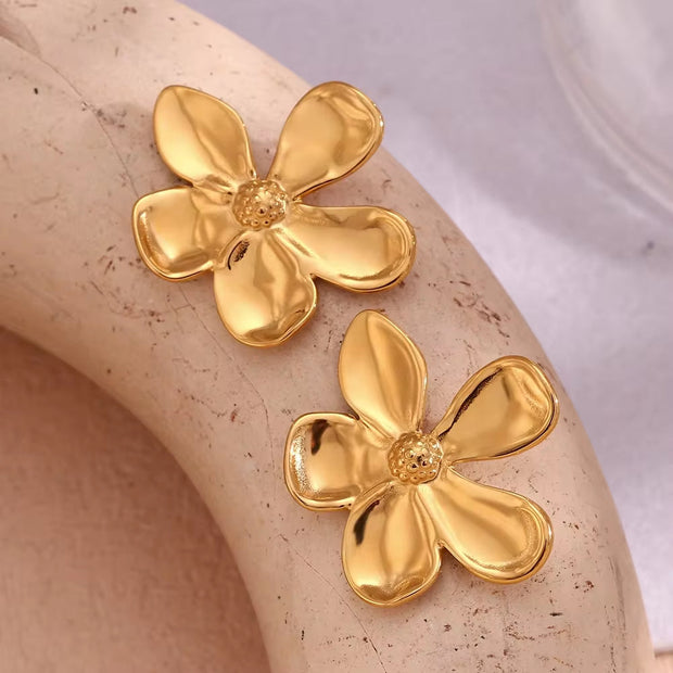 Glossy PVD Gold Plated Flower Earrings Tarnish Free Jewelry Waterproof Stainless Steel Stud Earrings