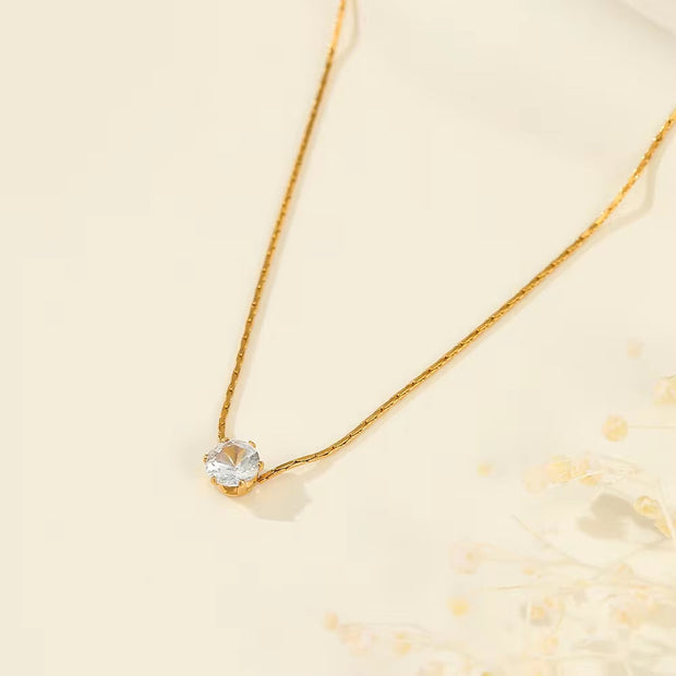 Waterproof Brilliant Solitaire Cubic Zirconia Pendant Necklace Ins 18K Gold Plated Diamond Stainless Steel Necklace Jewelry