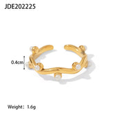 18K Gold Plated Stainless Steel Irregular Water Wave White Pearl Leaf Branch Stacking Rings