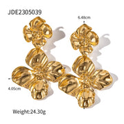 INS 18K Gold Plated Stainless Steel Flower Pendant Jewelry Gift Exaggerated Double Floral Drop Earrings