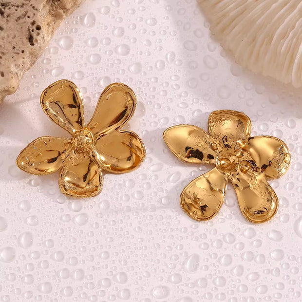 Glossy PVD Gold Plated Flower Earrings Tarnish Free Jewelry Waterproof Stainless Steel Stud Earrings