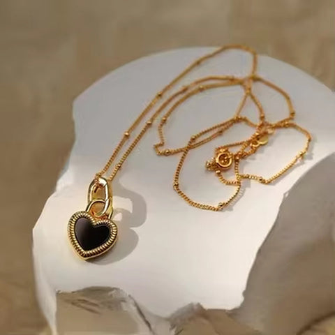 18K Gold Plated Double-Sided Jewelry Stainless Steel Black White Signet Lock Heart Necklace