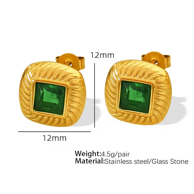 JEWELRY EH156 French Vintage Stainless Steel 18K Gold Plated Glass Stone Square Stud Earrings