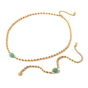 Stainless Steel 18K Gold Plated Jewelry Set Green Natural Stone Oval Golden Bead Bracelet Necklace