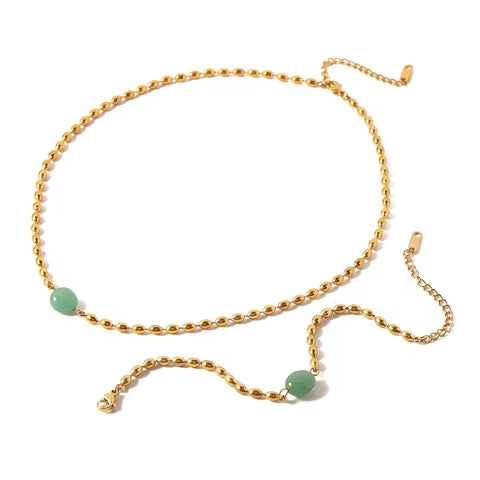 Stainless Steel 18K Gold Plated Jewelry Set Green Natural Stone Oval Golden Bead Bracelet Necklace