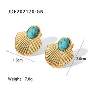 Vintage Stainless Steel 18K Gold Plated Turquoise Inlaid Rib Fan-Shaped Statement Earrings for Women