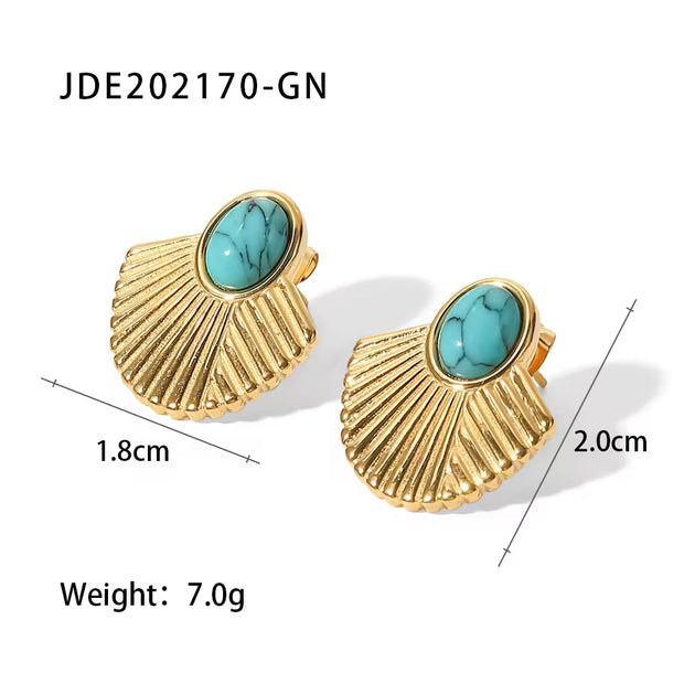 Vintage Stainless Steel 18K Gold Plated Turquoise Inlaid Rib Fan-Shaped Statement Earrings for Women