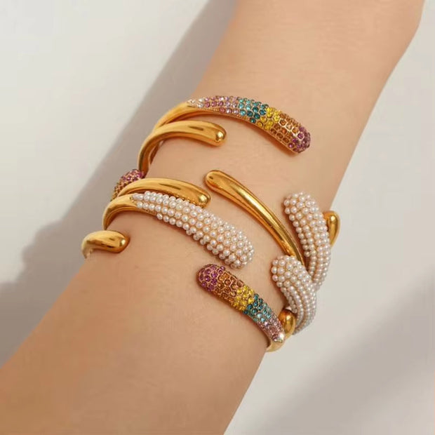 JEWELRY SZ25-6 Fashion Colorful Rhinestone Bracelet Senior Sense Imitation Pearl Bangle Stainless Steel Plated 18K Gold