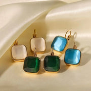 18K Gold Plated Stainless Steel Square Color Opal Cat'S Eye Stone Classic Pendant Earrings for Women