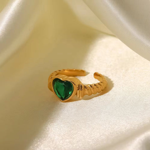 18K Gold Plated Stainless Steel Uneven Surface Heart Shape Green Cubic Zirconia Opening Rings