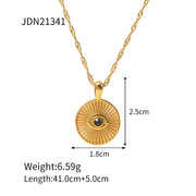 Vintage 18K Gold Plated Sunburst Eye Necklace Stainless Steel Black Stone round Coin Eye Necklace