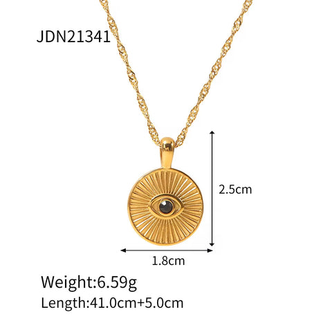 Vintage 18K Gold Plated Sunburst Eye Necklace Stainless Steel Black Stone round Coin Eye Necklace