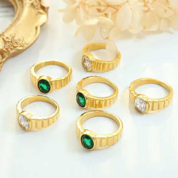 Vintage Design 18K Gold Plated Stainless Steel White Green Cubic Zirconia Finger Ring Jewelry for Women