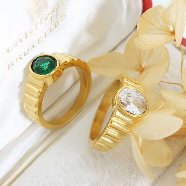 Vintage Design 18K Gold Plated Stainless Steel White Green Cubic Zirconia Finger Ring Jewelry for Women