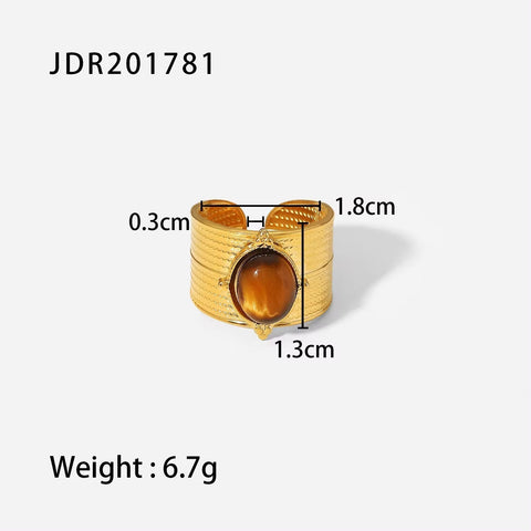 18K Gold Plated Stainless Steel Wide Cyclic Surface Natural Stone Adjustable Rings Hip Hop Unisex