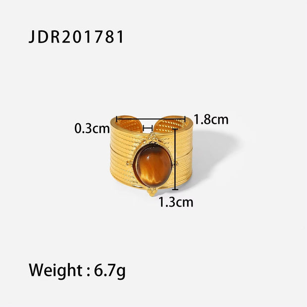 18K Gold Plated Stainless Steel Wide Cyclic Surface Natural Stone Adjustable Rings Hip Hop Unisex